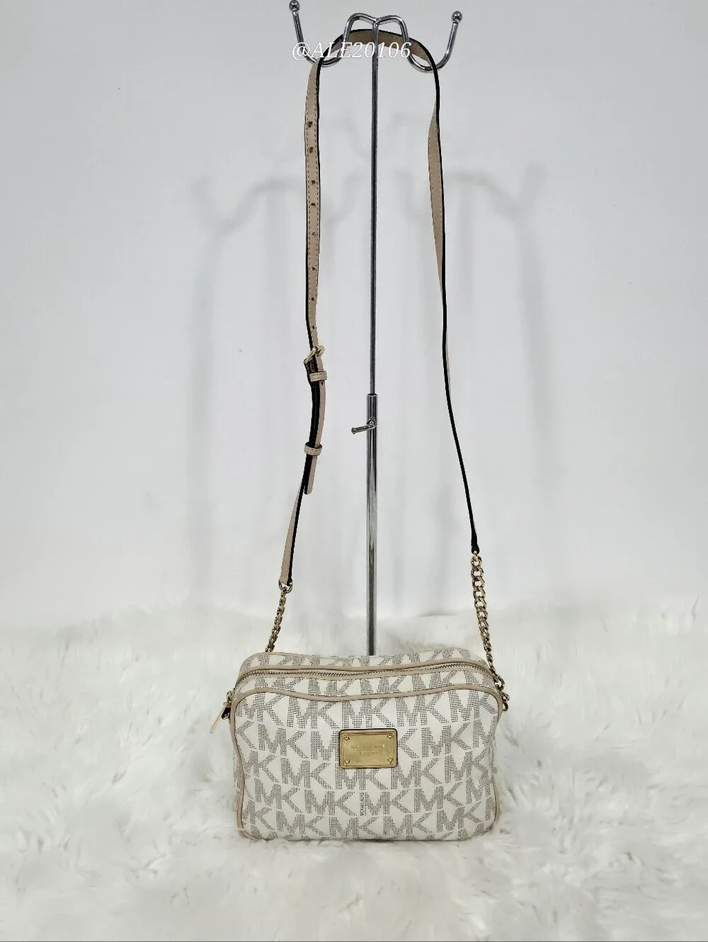 Michael Kors Beige Cream MK Monogram Crossbody Bag Gold Chain Purse